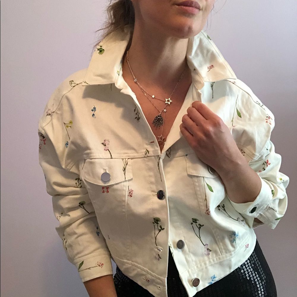 NWT Parker Celine off white floral cropped denim jean jacket Size XS